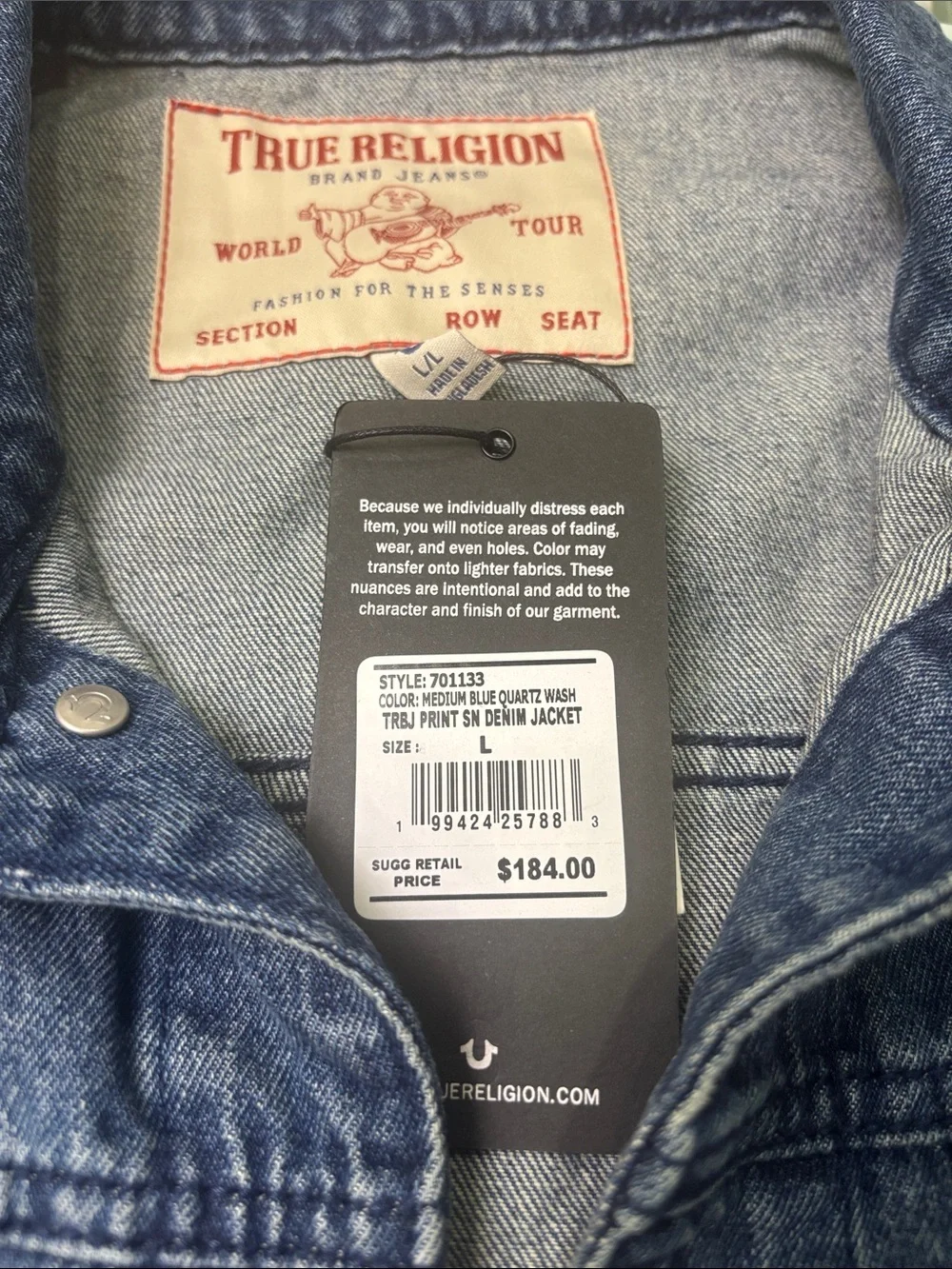 True Religion Denim Jacket in Medium Blue with Red Stitching large